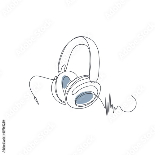 Pair of headphones in line art with sound wave