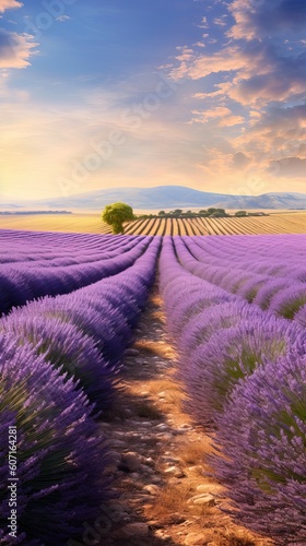 A serene lavender field stretching far, painting the countryside with shades of purple. Generative AI.