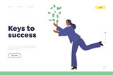 Keys to success landing page design template with businesswoman cartoon character catching money