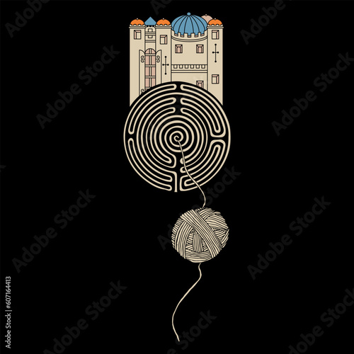 Medieval castle standing on a round spiral maze or labyrinth symbol and a yarn ball. Ariadne's thread. Creative concept. City of Troy. Black and white silhouette.