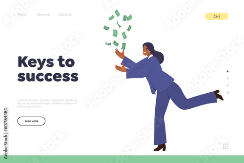 Keys to success landing page design template with businesswoman cartoon character catching money