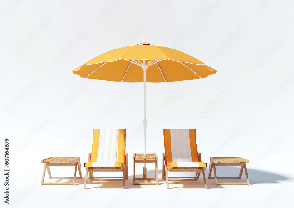 Sunbeds and umbrellas, Deck chair with an umbrella isolated on white background. Beach umbrella, beach chair. generative ai