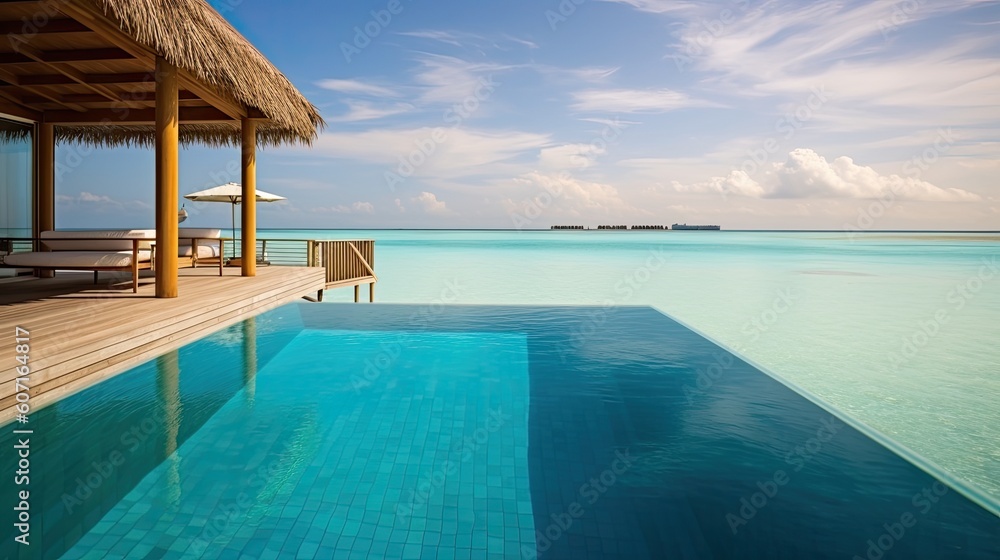 maldives and large pool with chairs sitting by the sea Generative Ai