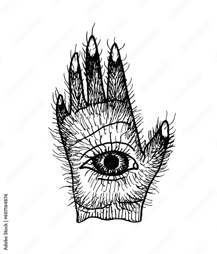 Obraz premium Hairy hand with an eye-looking tattoo