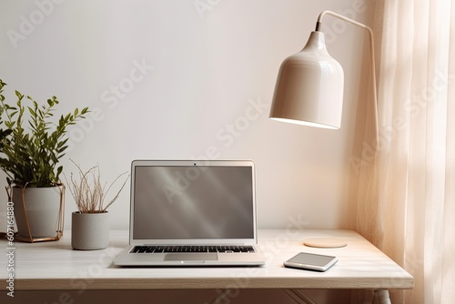 Wallpaper Mural Blank laptop screen in front view against light beige linen wall. space mockup template to copy. Generative AI Torontodigital.ca