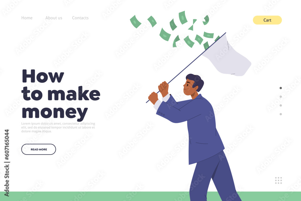 How to make money concept for landing page design template with businessman catching money with net