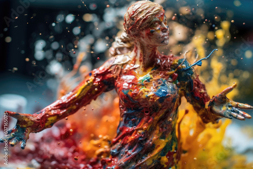 Miniature people figurine of woman with abstract colorful paint splashes  created with Generative AI