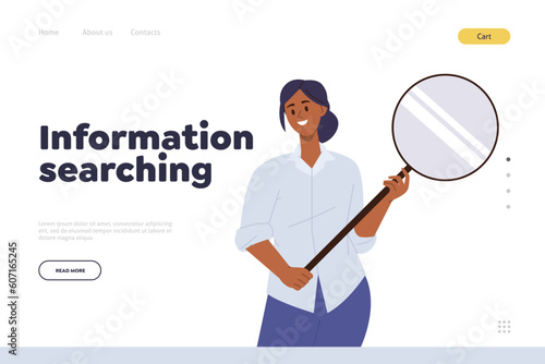 Information searching landing page design template with happy woman using magnifying glass
