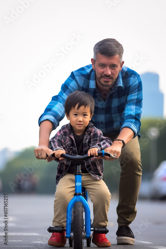 A man teaching a young boy how to ride a bike. Generative AI. © tilialucida