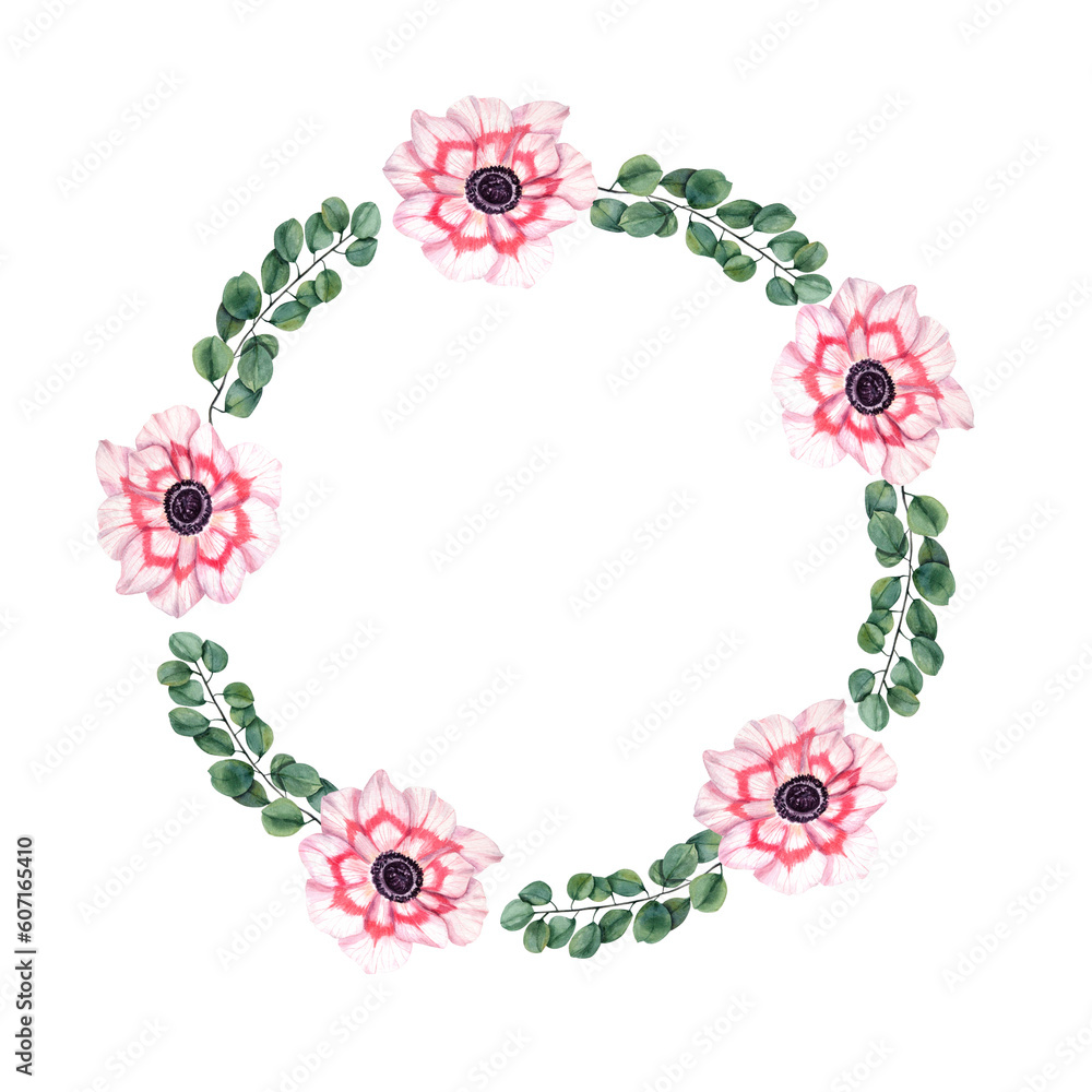 Watercolor wreath with anemones and eucalyptus isolated on transparent background. Botanical illustration for postcard design, invitation template, Valentine day, birthday cards, wedding invitation Watercolor wreath with anemones and eucalyptus isolated on transparent background. Botanical illustration for postcard design, invitation template, Valentine day, birthday cards, wedding invitation