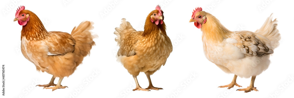 Fototapeta premium A set of images of a hen, isolated background. Generative Ai