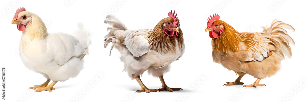 Fototapeta premium A set of images of a chickens, isolated background. Generative Ai