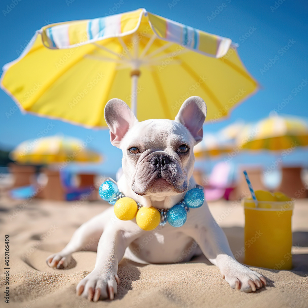 Dog resting under a beach umbrella while spending a beautiful summer day at the beach.  generative ai