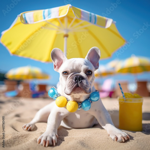 Dog resting under a beach umbrella while spending a beautiful summer day at the beach.  generative ai © innluga