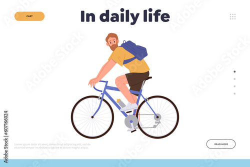 In daily life concept for landing page design template with happy hipster man character cycling
