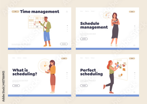 Set of landing page design template with effective time management and scheduling tips, advices