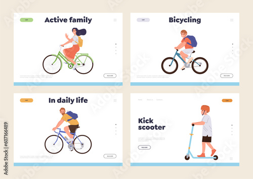 Set of landing page with happy family characters enjoy riding bicycle and kick scooter in daily life