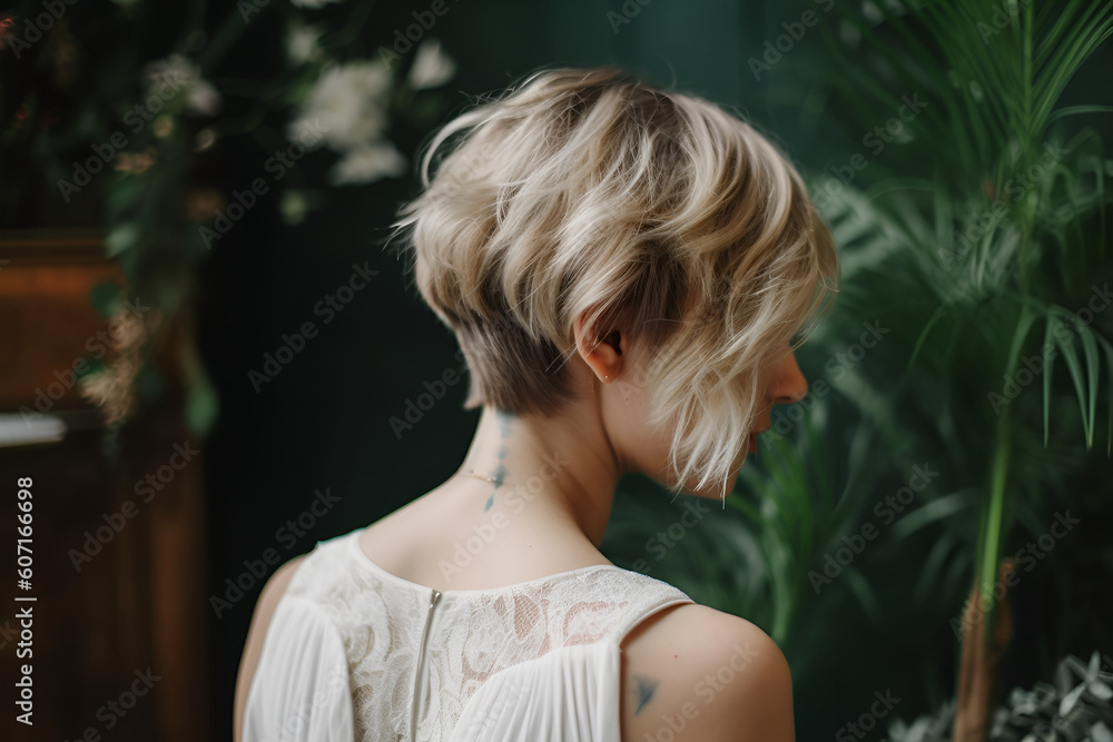 A Blonde Short Hair Bride with Tattoos Stands With Her Back, Wedding Hairstyle for European Woman: AI Generated Image A Blonde Short Hair Bride with Tattoos Stands With Her Back, Wedding Hairstyle for European Woman: AI Generated Image