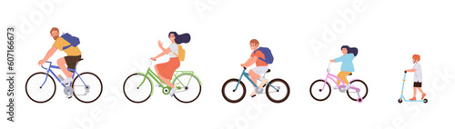 Happy active family, parents with children riding bicycles enjoying outdoor leisure time on vacation