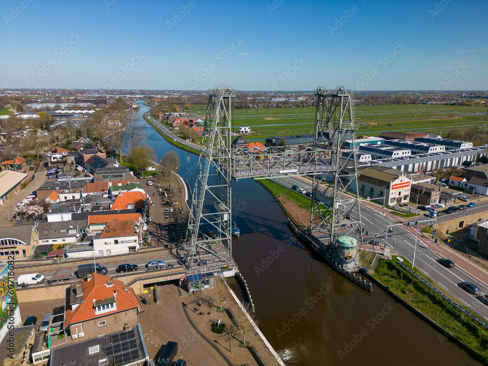 Obraz premium Aerial drone photo of the old lift bridge in Waddinxveen, the Netherlands