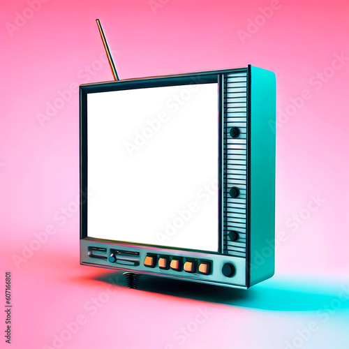 Old personal TV on a pink background. AI generated.