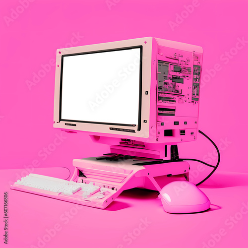 Old personal computer on a pink background. AI generated.