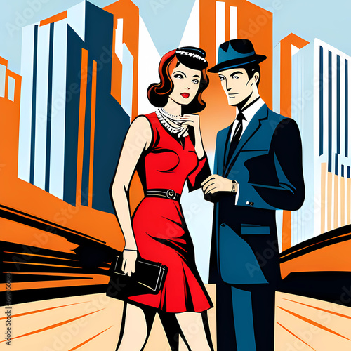 A man and a woman on the background of the city in the style of pop art. AI generated.