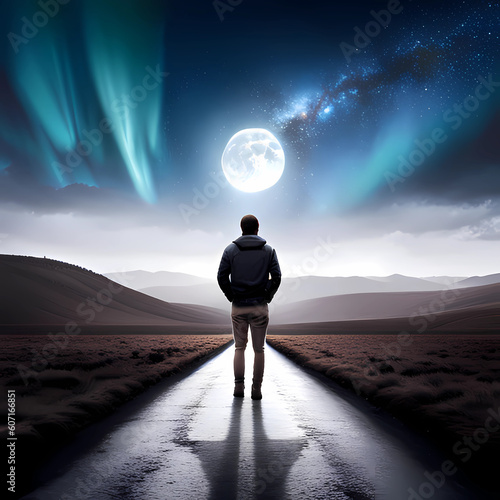 Man on the road against the background of the moon and the starry sky at night. AI generated.