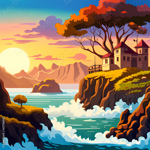 Mountain landscape with a house near the sea on the background of the sunset. AI generated.