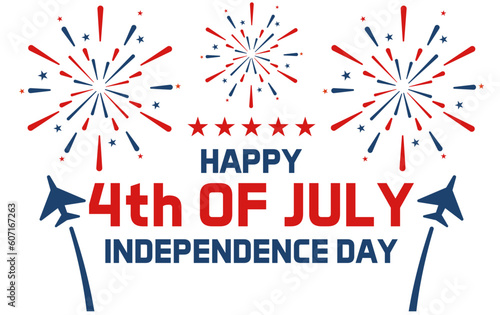 Happy 4th of July Independence day background vector graphic. With national flag colors blue and red and fireworks, airplanes and star elements