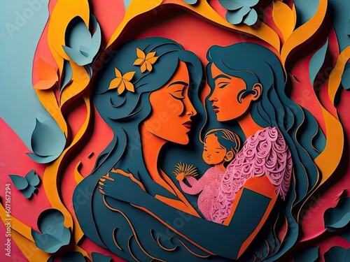 Colorful Mothers day papercut mother and kid. ai generative
