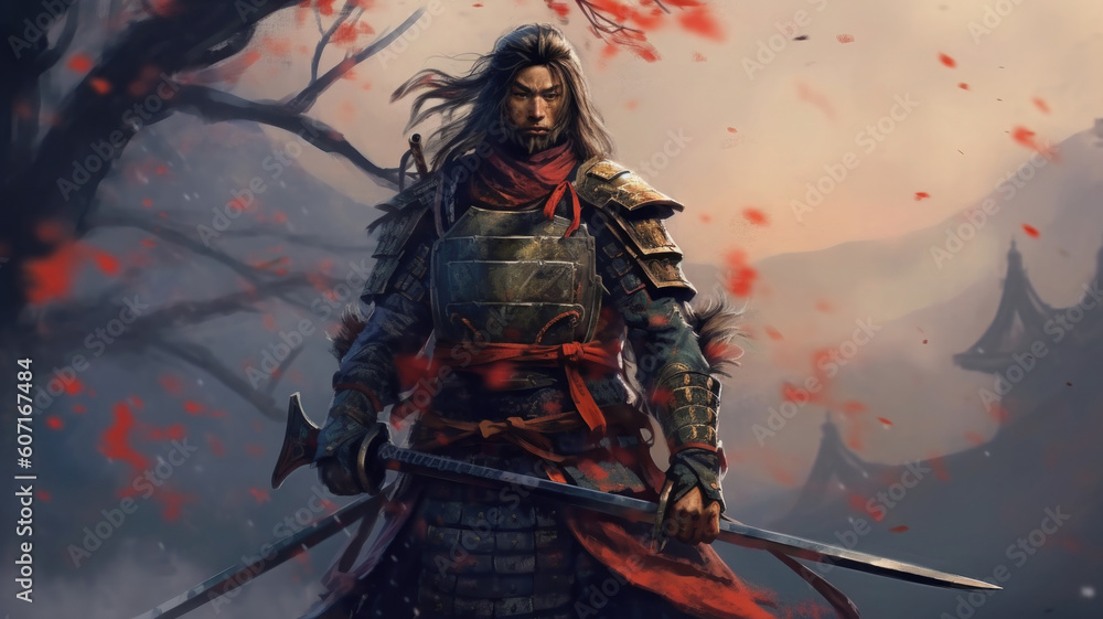 Male asian warrior portrait. Samurai in traditional armor with katana. Created with Generative AI Male asian warrior portrait. Samurai in traditional armor with katana. Created with Generative AI
