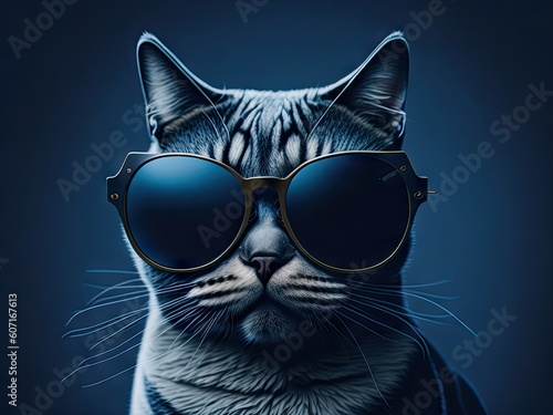 Fashion cat in sunglasses on blue background. ai generative © Anna