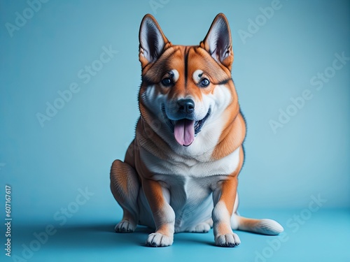 Funny cute dog Shiba on soft blue studio background. ai generative