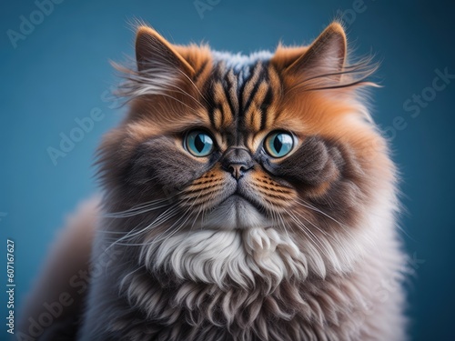 Funny cute Persian cat smile on soft blue studio background. ai generative