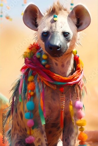 African spotted hyena wearing a colorful scarf and colored pom-poms and ribbons, AI-generative portrait illustration