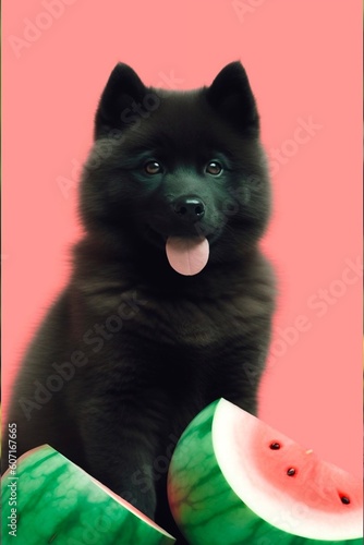 a black fluffy dog ​​sits with his tongue hanging out next to a green watermelon on a pink background, Generative Ai