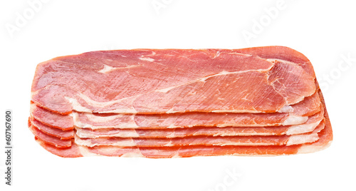 Slices of parma ham prosciutto isolated on white background. photo