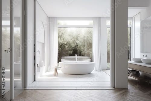 Blurred background  white interior design  white folding door opening to minimalist luxury bathroom with bathtub  sink  and panoramic window . Generative AI