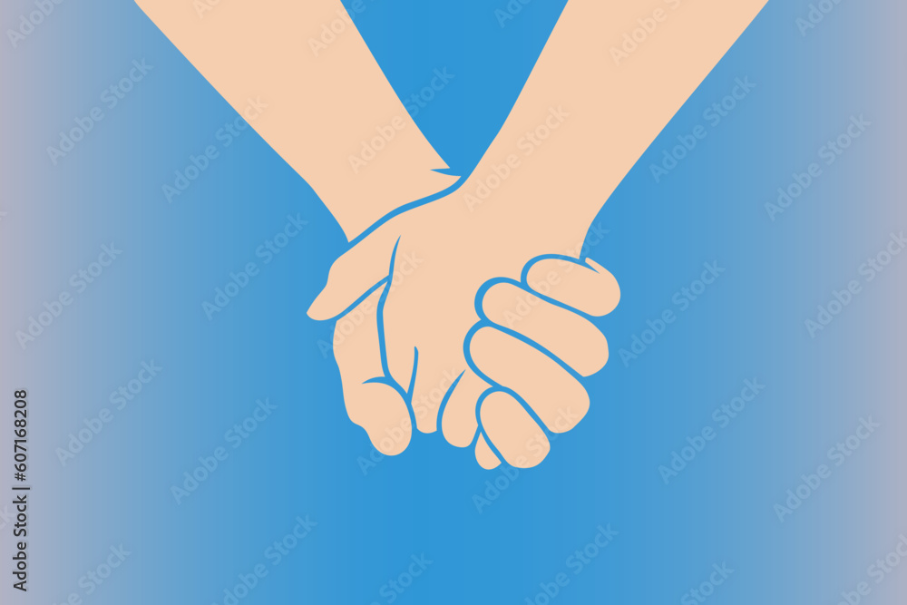 Two people are holding hands tightly on a pastel blue background. Concept of love, friendship, closeness and strong connection between people	