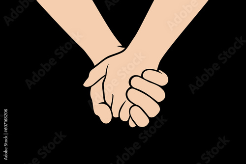 Two people are holding hands tightly on a black background. Concept of love, friendship, closeness and strong connection between people	