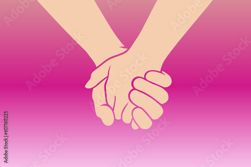 Two people are holding hands tightly on a pastel pink background. Concept of love, friendship, closeness and strong connection between people