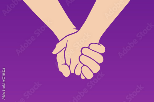 Two people are holding hands tightly on a pastel violet background. Concept of love, friendship, closeness and strong connection between people	
