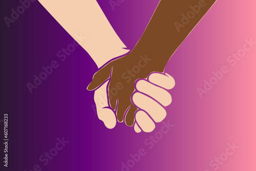 Two people are holding hands tightly on a pastel violet background. Concept of love, friendship, closeness and strong connection between people	