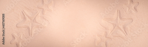 Summer Vacation concept banner with Starfish trace on a sand surface. Summerbackground good for Seasonal Sale or Tour Trip announce.