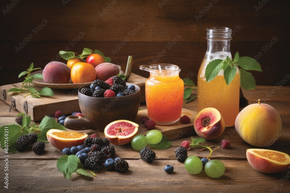 breakfast table with a bowl of fresh fruit and a bottle of juice Generative AI breakfast table with a bowl of fresh fruit and a bottle of juice Generative AI