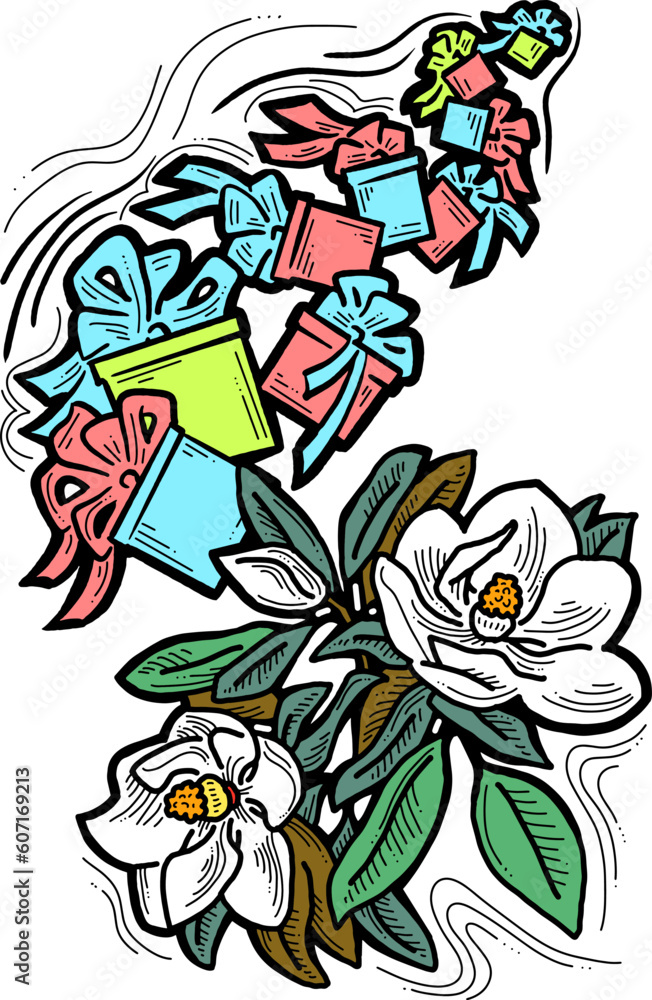 Present box with ribbon bow decorated with flowers for birthday gift, sale promotion, valentines or mothers day card, poster print. Hand drawn cartoon style illustration. Line vector drawing. Present box with ribbon bow decorated with flowers for birthday gift, sale promotion, valentines or mothers day card, poster print. Hand drawn cartoon style illustration. Line vector drawing.