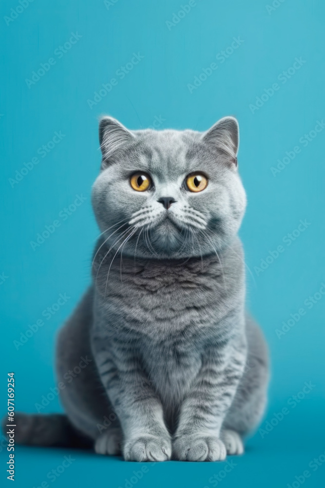 Adult cat sits on the floor and looks into the camera against a blue background. with free space, vertical frame. AI generated.