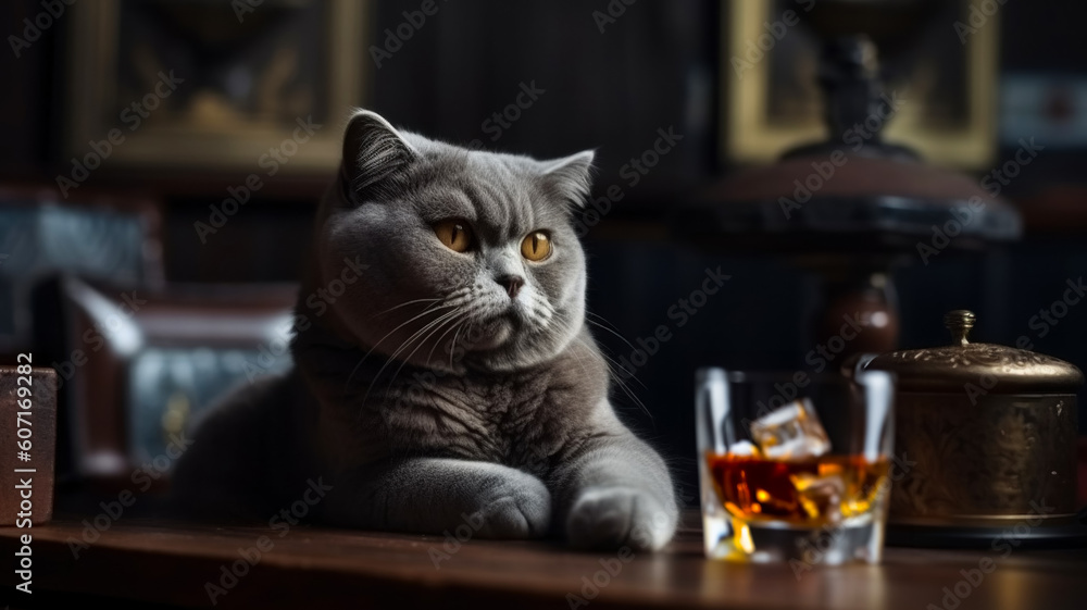 Adult old scottish cat close-up on a wooden counter in an old bar next to a glass of whiskey, rest at the end of the working day. AI generated.