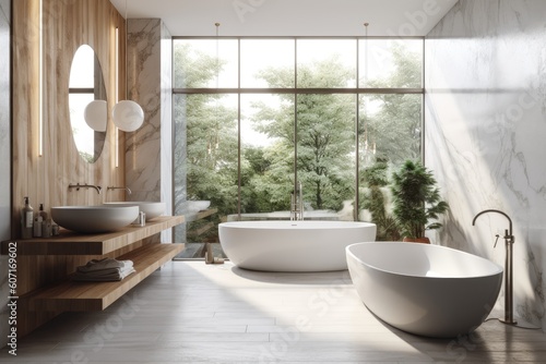 Bathroom corner in gray and wood with two sinks  a white bathtub  a panoramic window  and a marble floor. double exposure toned picture prototype. Generative AI